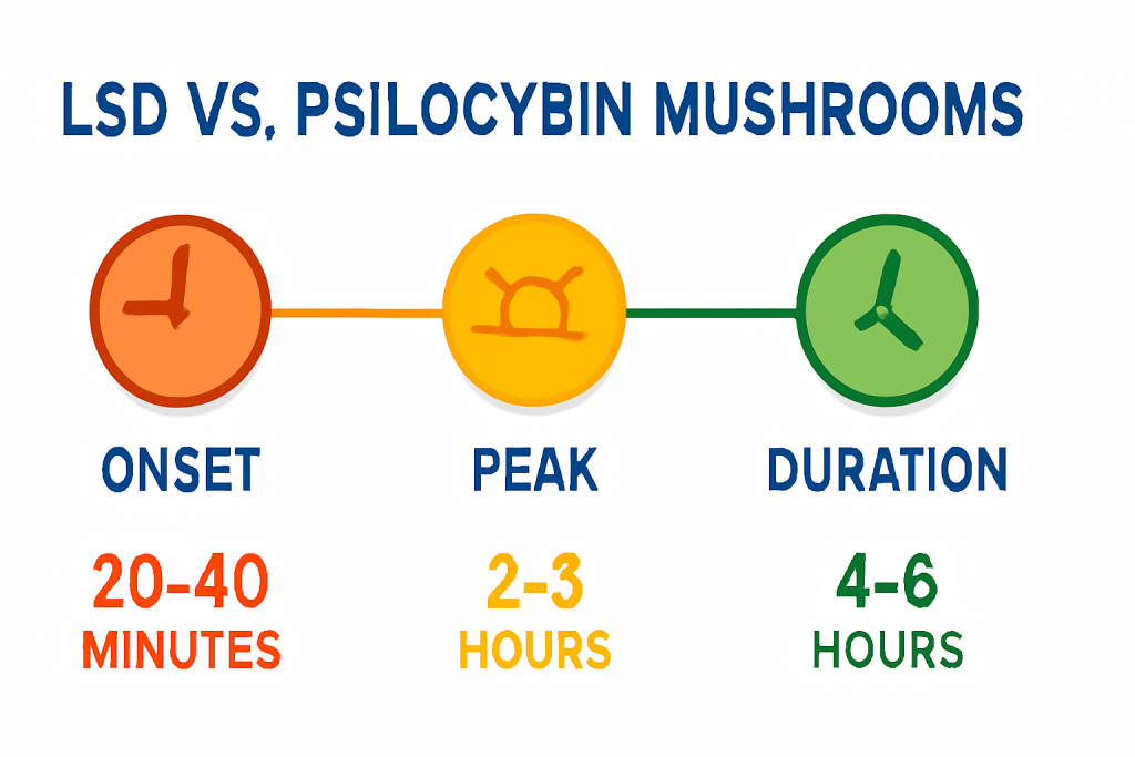 Comparison chart showing onset and duration of LSD and psilocybin mushroom effects, highlighting LSD lasts longer while shrooms produce a shorter, introspective trip.